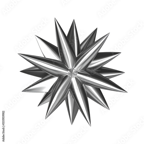 Surreal Abstract Flower Made of Reflective Chrome Metal, Floating on Transparent Background.