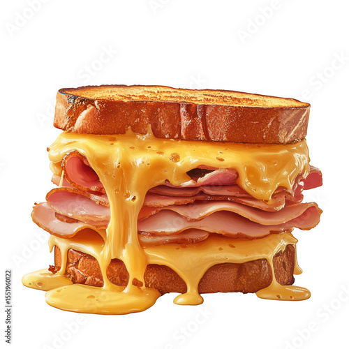 Melted cheese ham grilled sandwich isolated on transparent background