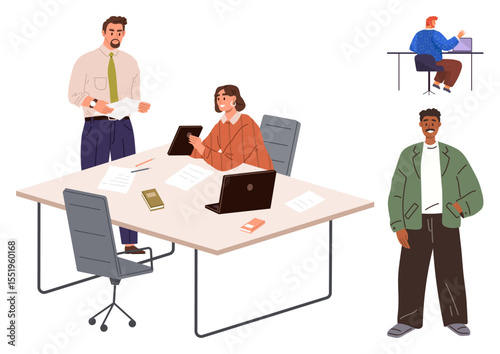 Office team discussing materials at a desk with laptops and documents while individual works independently. Ideal for business, teamwork, planning, corporate settings, studying, strategy, simple flat