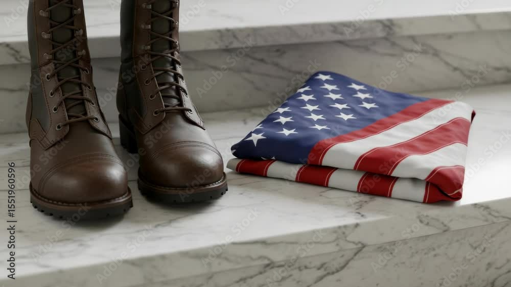 Patriotic still life of folded United States flag displayed with military boots on marble surface