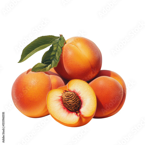 Juicy ripe peaches with leaf isolated on transparent background