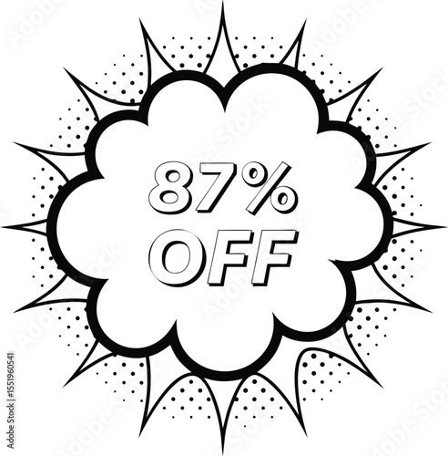 A cloud shape displaying eighty seven percent off is surrounded by dots and spikes