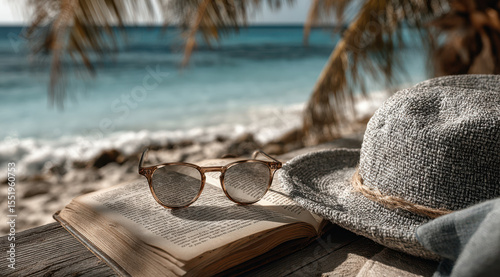 Sonnenhut und Sonnenbrille auf offenem Buch am tropischen Strand – entspannte Urlaubsstimmung bei Meerblick
