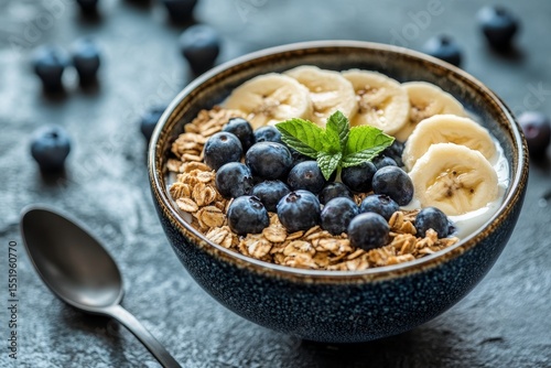 Delicious and healthy granola yogurt bowl with fresh blueberries and sliced bananas for breakfast