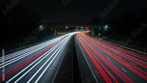 Nighttime highway with light trails and overpass view