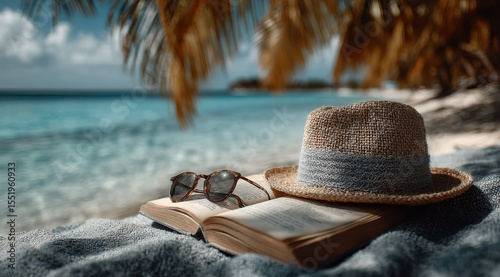Sommerliche Szene am Strand mit Strohhut, Sonnenbrille und Buch – Erholung und Lesezeit am Meer
