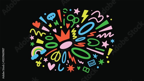 Vibrant Doodle Elements on Black Background A Playful Vector Illustration Featuring Colorful Shapes, Stars, Hearts, and Lines for Creative Designs and Artistic Projects