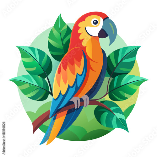Vibrant macaw parrot perched on a branch surrounded by lush green leaves