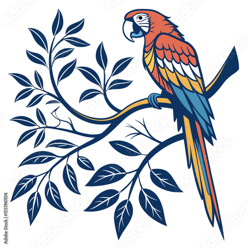 Vibrant scarlet macaw perched on a stylized branch with blue leaves