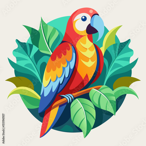 Vibrant scarlet macaw perched amidst lush tropical foliage