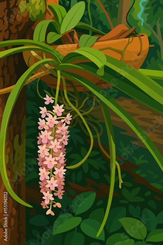 A cluster of delicate pink orchids blooms gracefully from a hanging terracotta pot in a lush forest setting. The long, slender green leaves and cascading flower spike add a natural elegance to the com