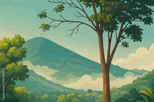 A serene and stylized landscape illustration featuring a tall tree in the foreground, with layers of green hills and a large blue mountain in the distance. Soft clouds float gently above the forested 