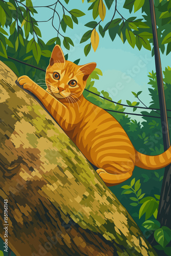 A playful orange tabby cat is climbing on a large tree trunk in a lush green forest. The cat gazes curiously with wide eyes, blending into the vibrant natural surroundings. The illustration is rich in