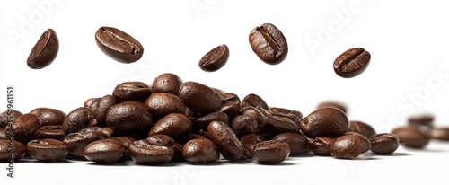 The vibrant coffee beans in motion against a clean, minimal background.