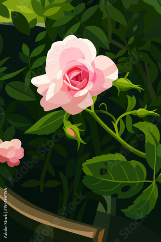 A beautifully illustrated miniature rose in full bloom, surrounded by lush green foliage and flower buds. The soft pink petals contrast vividly with the dark leafy background, creating a sense of dept