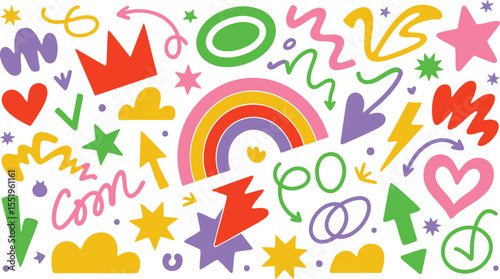 Colorful Doodle Elements on Black Backdrop A Whimsical Vector Illustration Featuring Rainbows, Hearts, Stars, and Abstract Shapes for Creative Designs and Artistic Projects