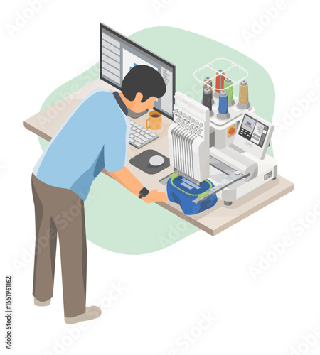 Small business owner setting up an embroidery machine with digital software to start a custom textile design service from home