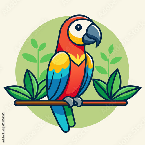 Vibrant macaw parrot perched on a branch with lush greenery