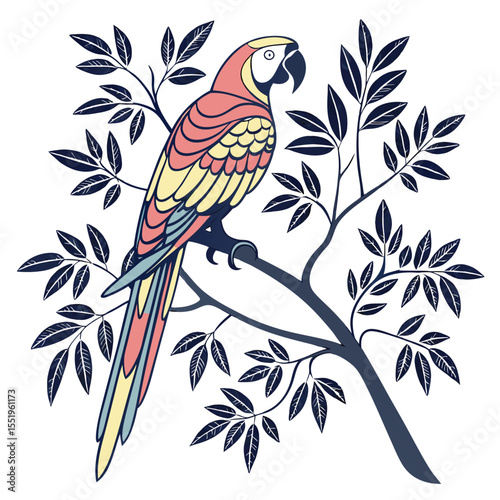 Stylized macaw perched on a dark branch surrounded by foliage