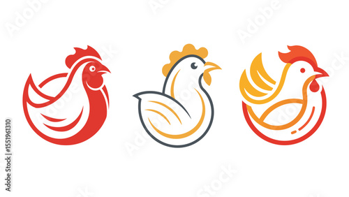 Modern stylized chicken logos in red white and orange on black background