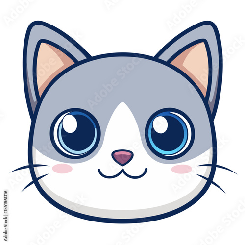 Adorable kawaii gray cat face with big blue eyes and pink cheeks