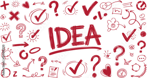 Idea Concept Vector Illustration with Check Marks, Question Marks, Arrows, and Scribbles on Black Background A Creative Visual Representation of Innovation