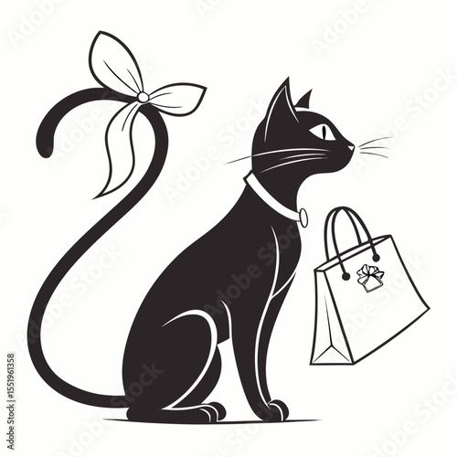 Elegant black cat with gift bag and decorative tail bow