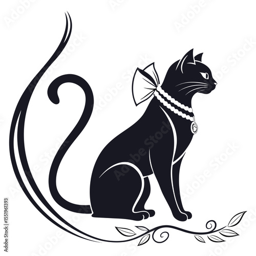Elegant black cat silhouette adorned with pearls and a bow