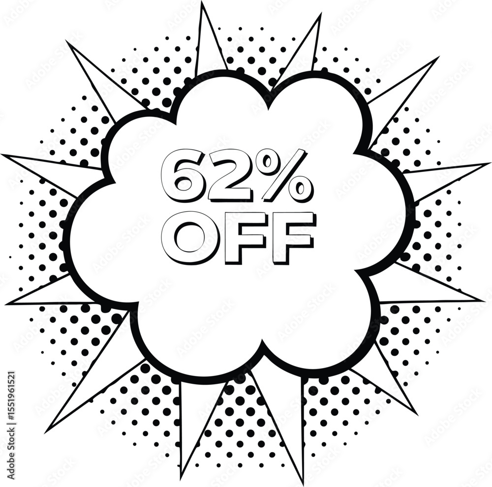 Obraz premium 62 Percent Off appears within a striking, black and white retro comic burst