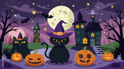 Spooky halloween night with black cats pumpkins and haunted houses under the moon