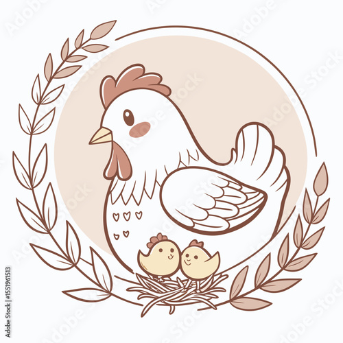 Cute mother hen and chicks nestled in a floral wreath