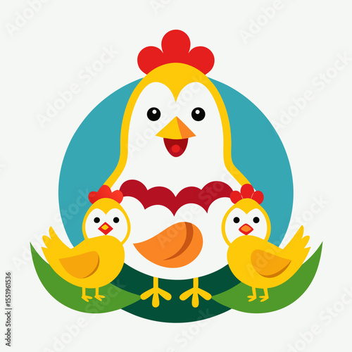 Happy cartoon chicken family with two cute chicks on green grass