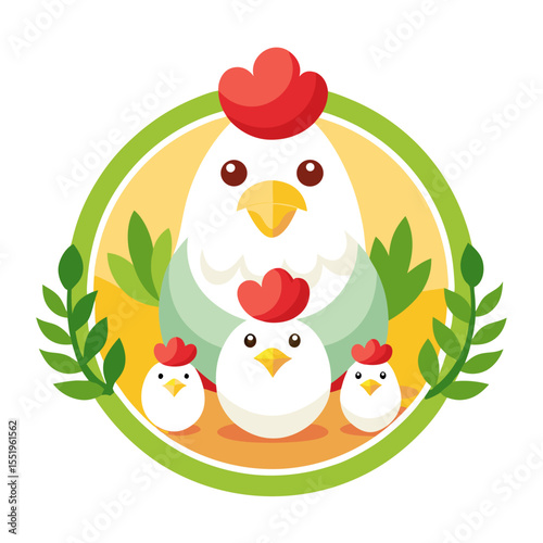 Cute cartoon chicken family with chicks in a green circle emblem