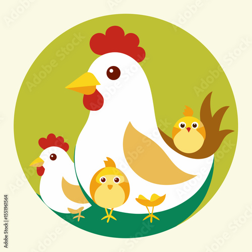 Cute cartoon hen with her chicks in a green circle
