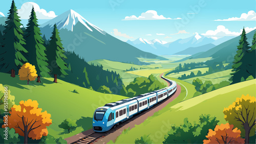Modern blue and white train traveling through a scenic green valley with mountains