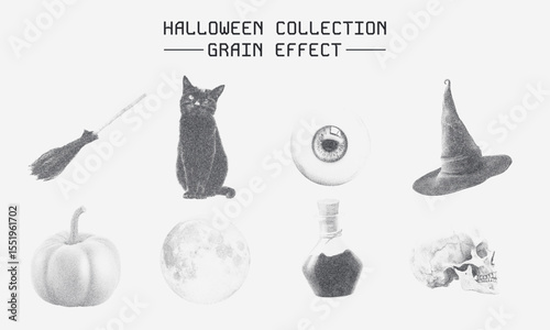 Spooky Halloween noisy photocopy elements including cat, broom, skull, and more in a monochrome grain texture style. Great for seasonal designs and print projects