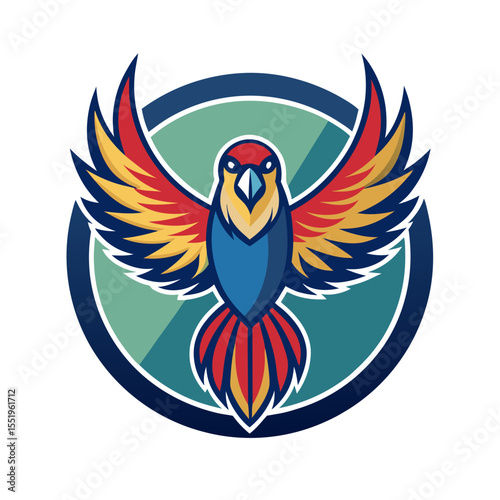 Colorful stylized bird with wings spread wide in a circle