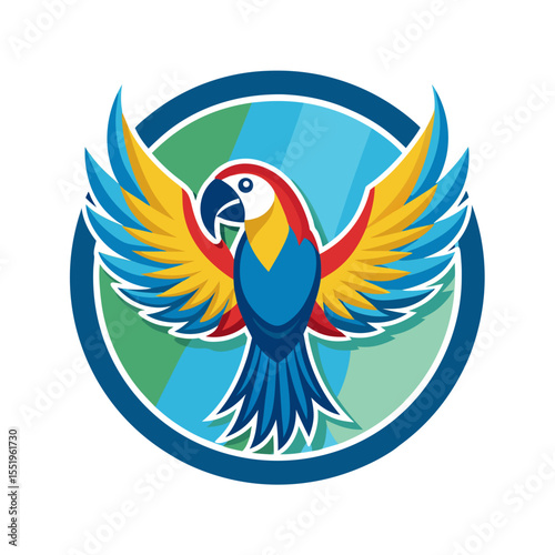 Colorful macaw parrot logo with wings spread wide in a circle