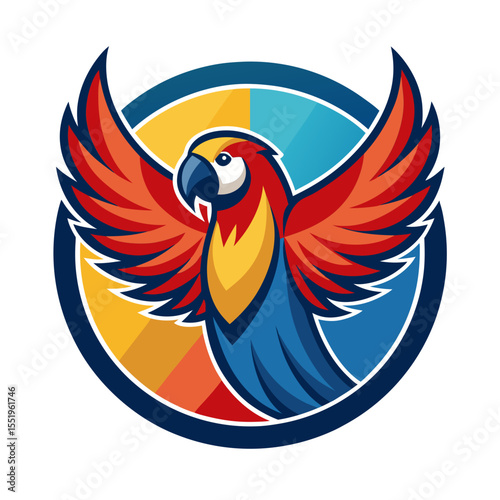 Vibrant macaw parrot logo with wings spread in a circle