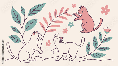 Three playful cats interacting among stylized plants and flowers in a whimsical illustration