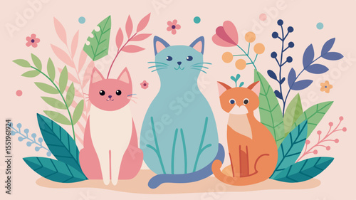 Three cute cartoon cats sitting among colorful flowers and leaves
