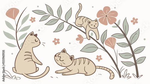 Three whimsical kittens play among delicate flowers and greenery