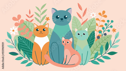Charming illustration of four adorable cats nestled among lush green foliage and flowers