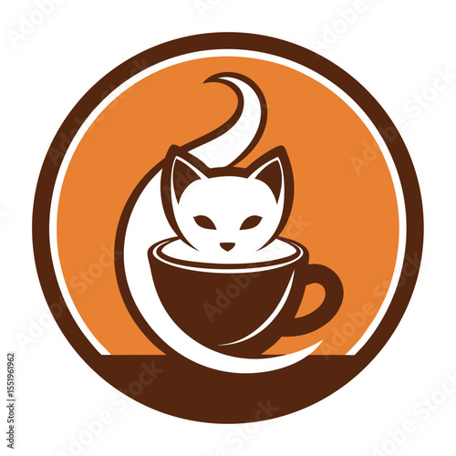 Cute white cat peeking out of a coffee cup logo