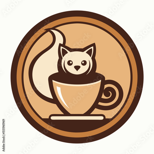 Cute cat sitting in a coffee cup logo design