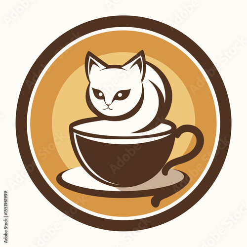 Stylized white cat resting comfortably in a coffee cup logo