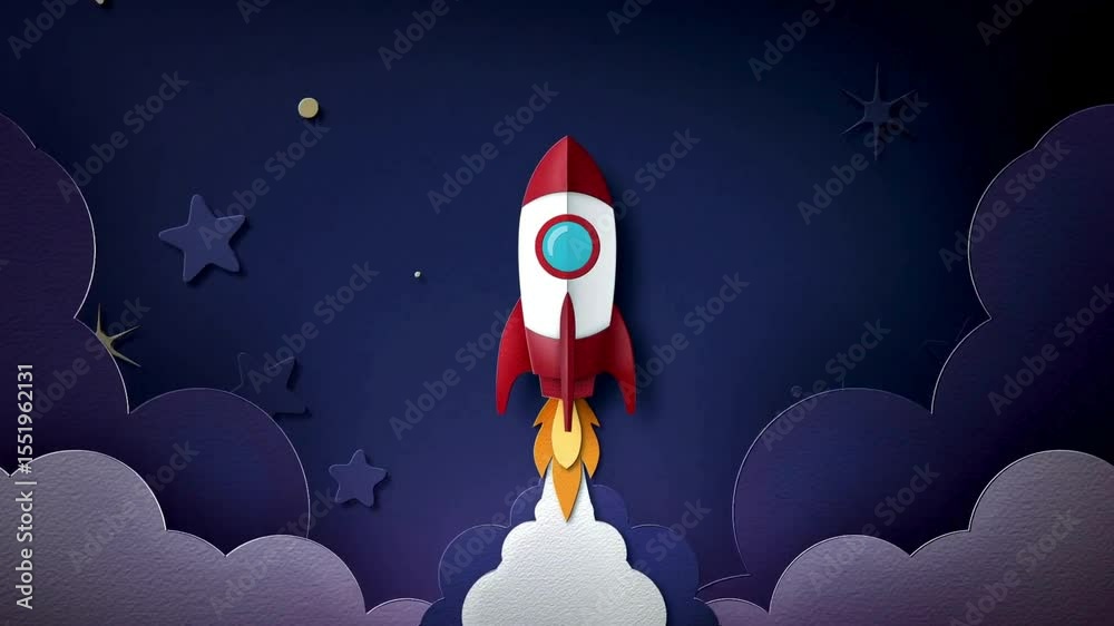 Colorful paper rocket launching into space with stars and clouds in a whimsical night sky