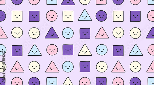 Seamless vector pattern with dusty lavender and taupe pastel shapes and cute smiley faces on off-white background, kawaii style in muted tones for nursery, scrapbooking, digital use
