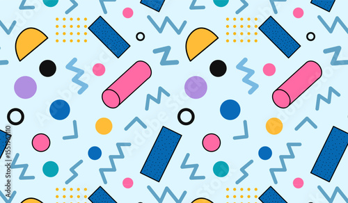 Seamless vector Memphis-style pattern with irregular pink, lavender, turquoise and yellow shapes on pastel blue background, playful 80s retro abstract design