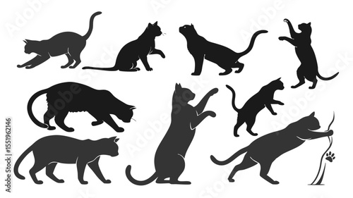 Diverse silhouettes of cats in various playful and resting poses